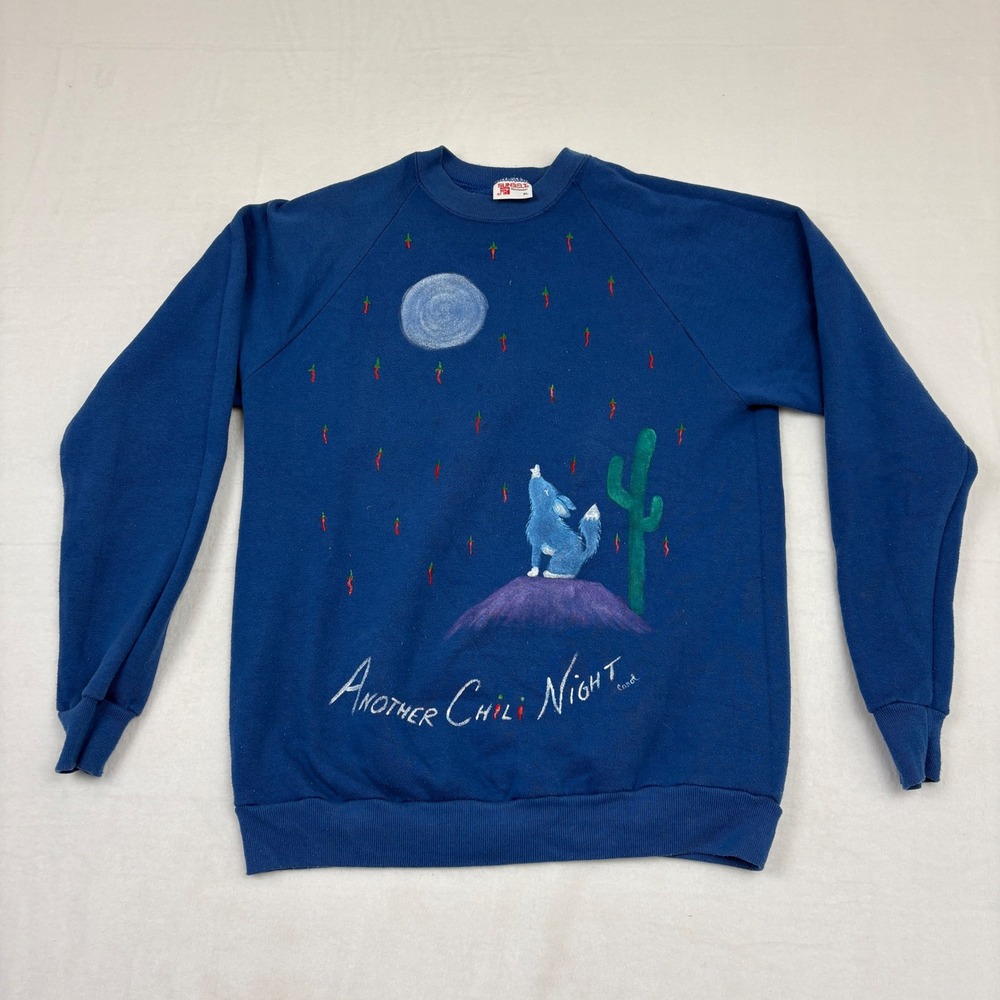Vintage Sunbelt Sportswear Wolf Chili Night Sweatshirt Blue XL Made in USA N1
